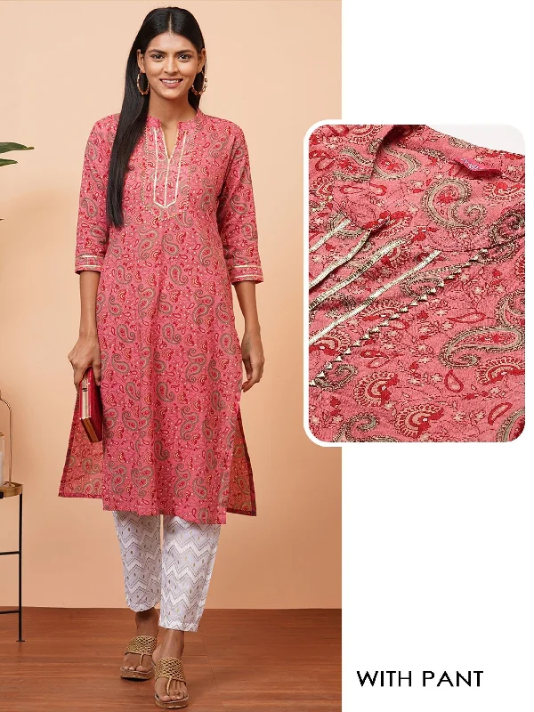 Women's Pink Printed Cotton kurta With Pant Set Relaxed High-Waist Trousers