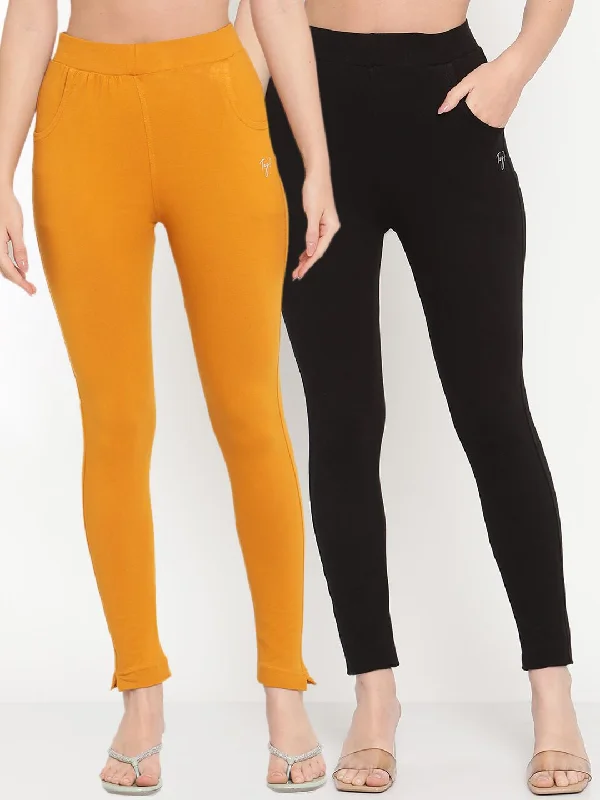 TAG 7 Women Black & Mustard Yellow Pack of 2 Straight Fit Ankle-Length Leggings Trendy Digital Print Leggings