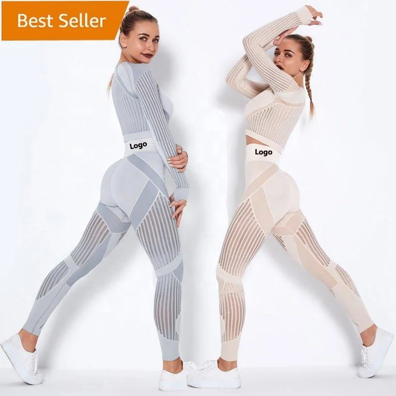 Women High waist Fitness Leggings Sport Set Tracksuit Workout Long Sleeve Seamless Yoga Clothes Fashionable Plus-Size Activewear