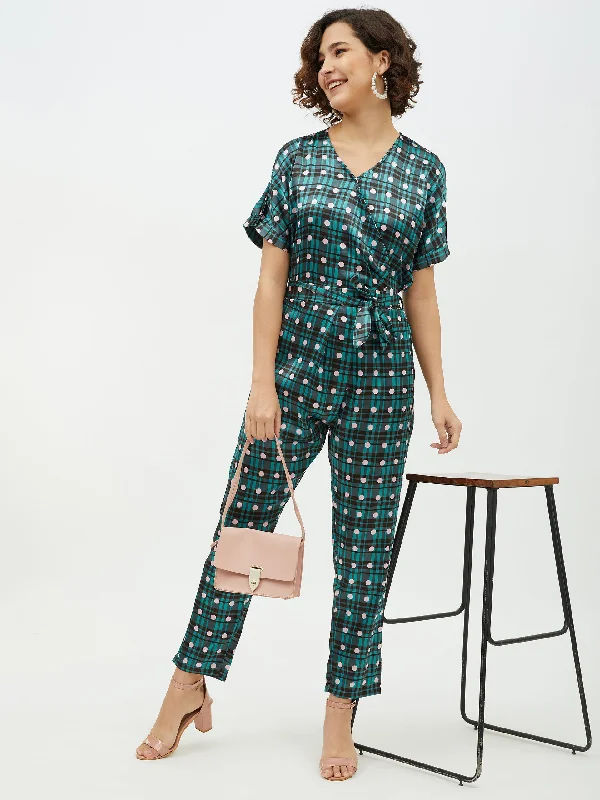 Green Satin Check And Dot Print Jumpsuit White jumpsuit, Chic, Elegant, Summer wear