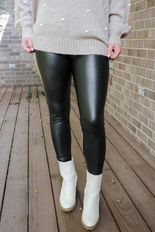 Let Me Do The Talking Black Leather Leggings Trendy Foil Finish Leggings