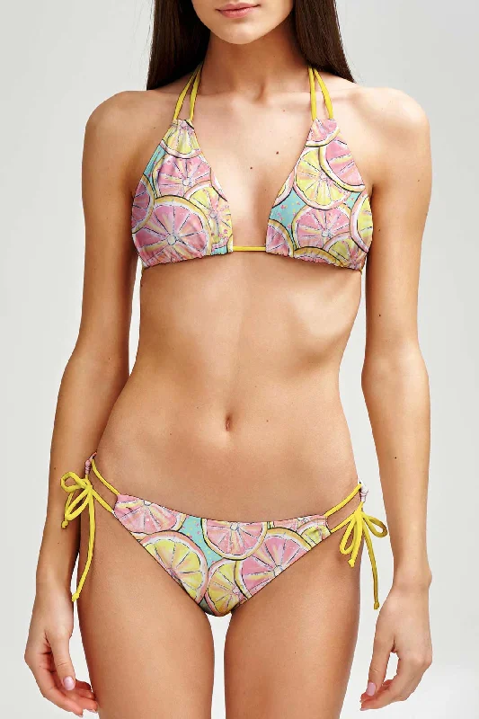 Marmalade Sara Pink Lemon Print Strappy Triangle Bikini Top - Women Tie bikini, Adjustable, Trendy, Comfortable