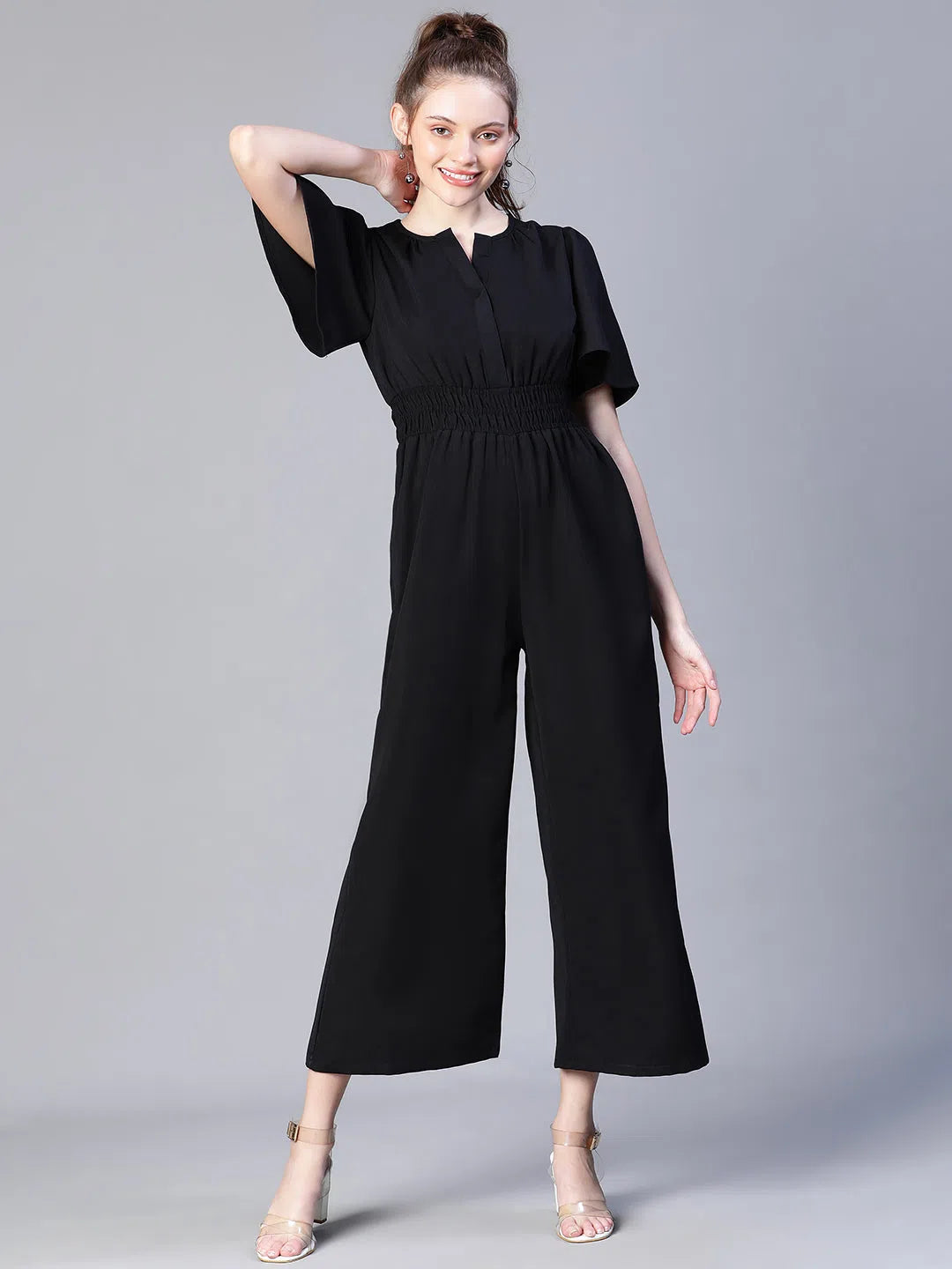 Women Black Smocked V-Neck Short Sleeve Jumpsuit-S23159WOV002 Tailored jumpsuit, Sleek, Professional, Business casual