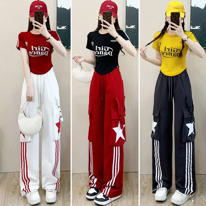 Fashion Casual Exercise Suit Women's Summer  New Slimming T-shirt with Bars Overalls Two-Piece Set-- Zippered Front Buttoned Front Snap Front