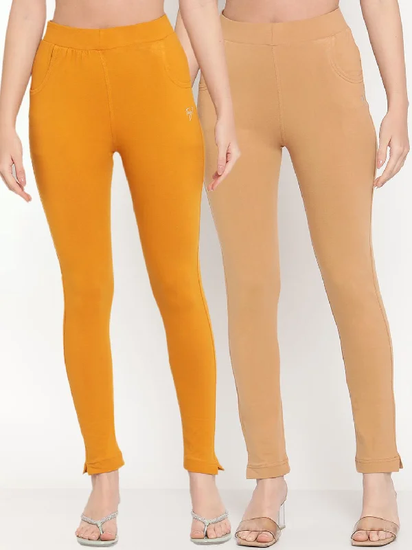 TAG 7 Pack of 2 Beige & Mustard Yellow Ankle-Length Leggings Fashionable Plus-Size Activewear