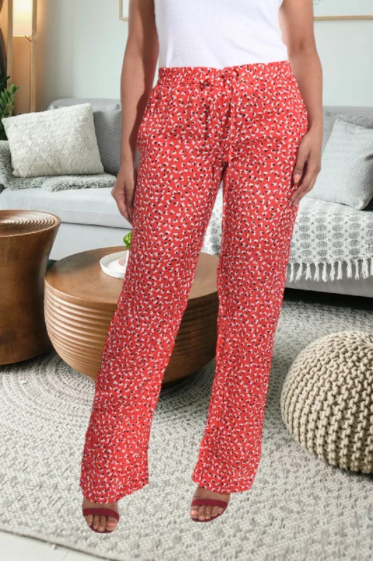 Red Printed Pocket Pants Modern Stretch Trousers