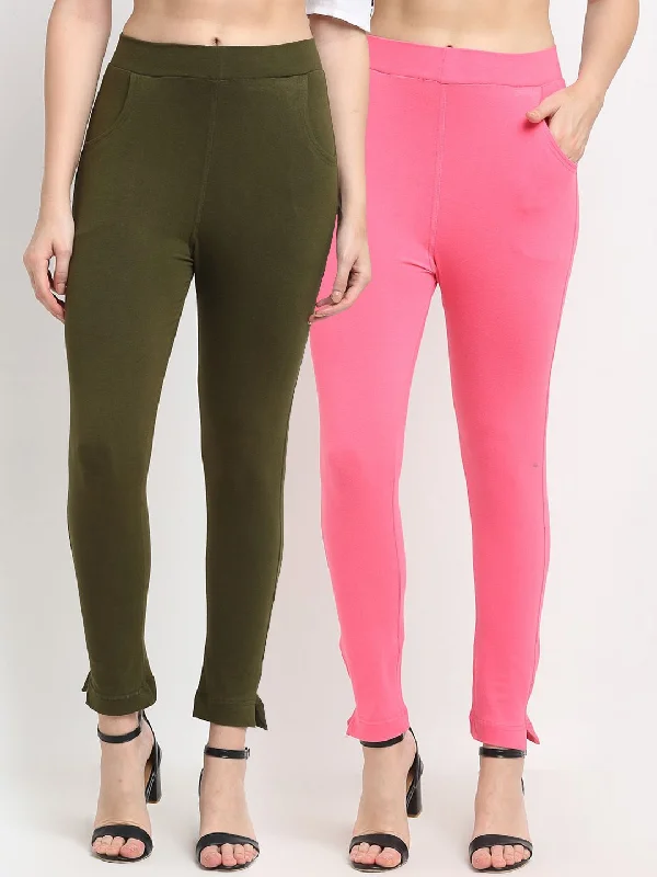 TAG 7 WOMEN Olive Green & Pink Pack of 2 Leggings Stylish Sweatproof Leggings