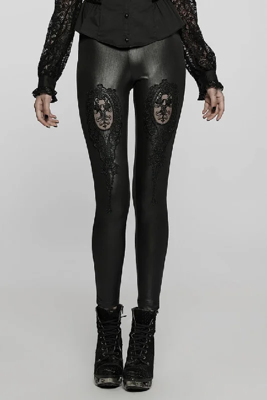 Black Floral Hollow Slim Faux Leather Women's Gothic Leggings Fashionable Solid Color Tights