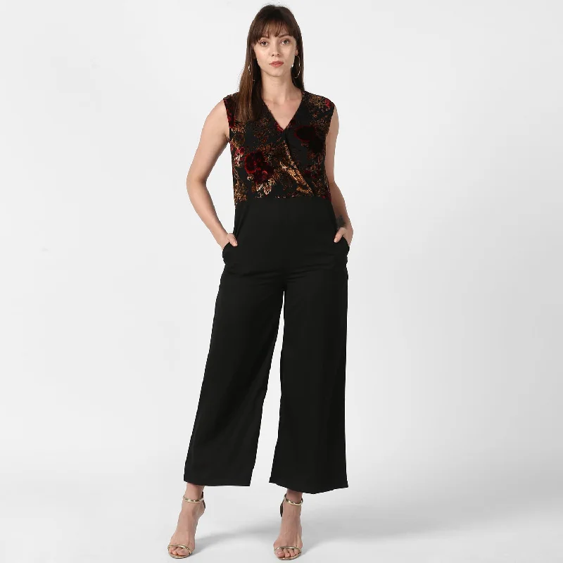 Black And Red Polyester Flocking Print Jumpsuit Vintage-inspired jumpsuit, Retro style, Trendy, Chic