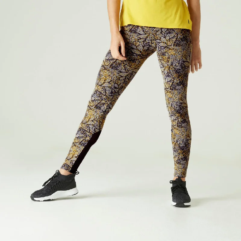 Stretchy High-Waisted Cotton Fitness Leggings with Mesh - Yellow Print Fashionable High-Rise Workout Leggings