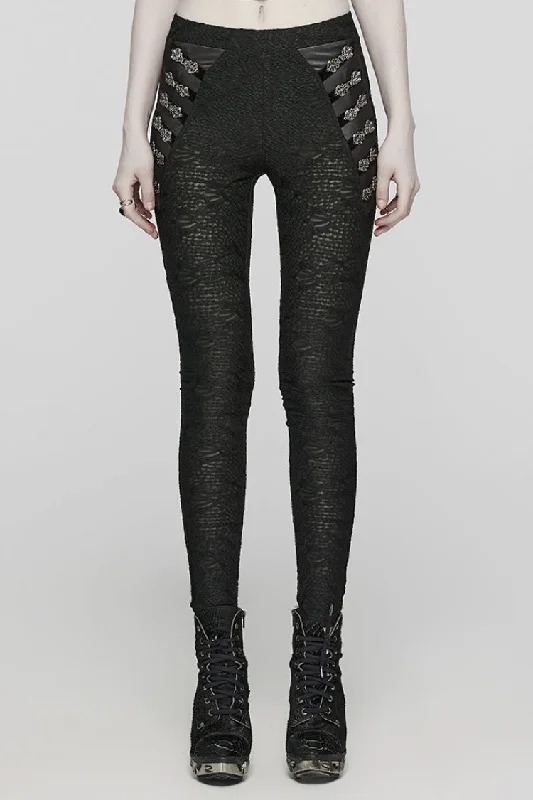 Black Print Slim Mesh Button Decoration Women's Gothic Leggings Stylish Ultra Stretch Leggings