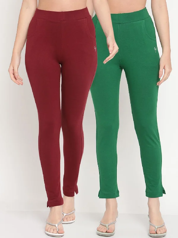 TAG 7 Women Set of 2 Maroon & Green Ankle Length Leggings Stylish Sweat-Proof Leggings