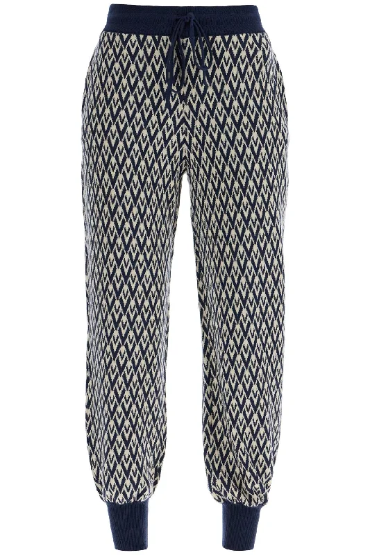 High-waisted Wide-leg Zigzag Cream And Navy Virgin Wool Pants  - Blue Comfortable Jogging Pants