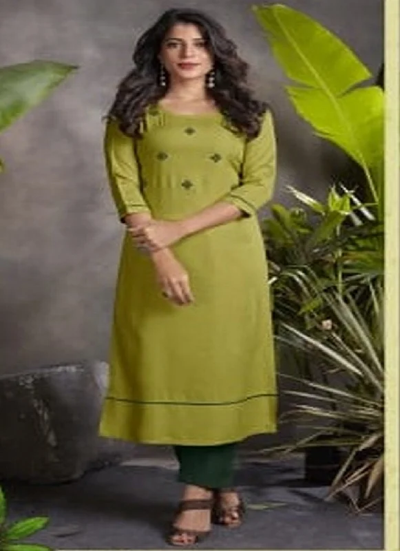 Green Pure Rayon Kurta with Pant Set for Ladies Comfortable Denim Trousers