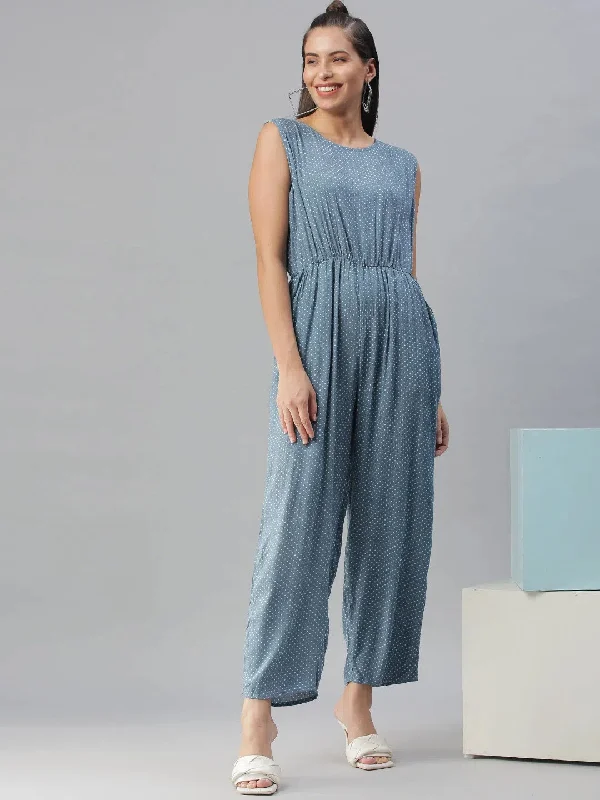 Women's Blue Printed Jumpsuit-AE-9891-Blue Cargo style jumpsuit, Casual, Comfortable, Street style