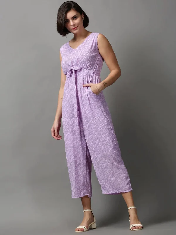 Women's Purple Printed Jumpsuit-AE-15024-Purple Jumpsuit with knot, Elegant, Chic, Comfortable