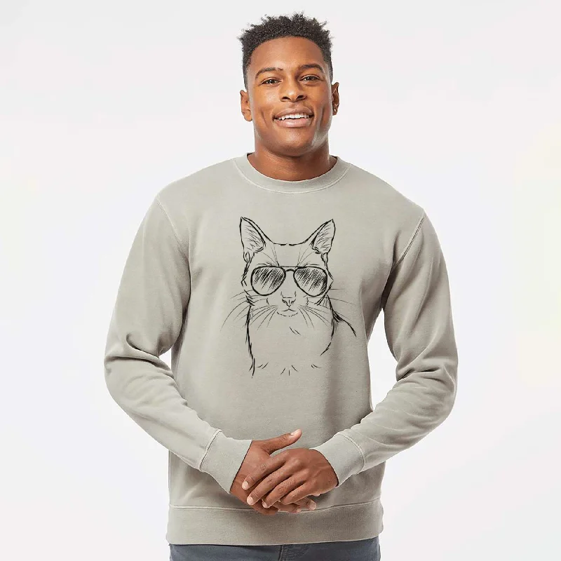 Aviator Maverick the Cat - Unisex Pigment Dyed Crew Sweatshirt Hoodie with Frayed Bohemian Relaxed