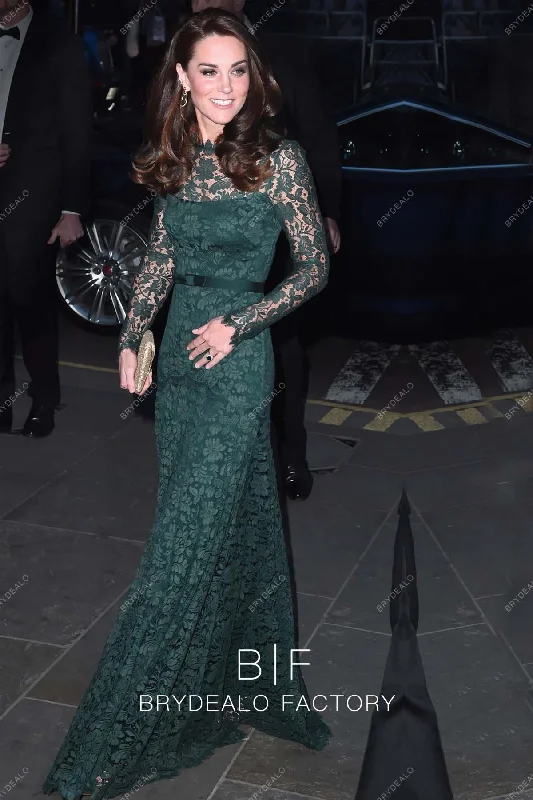 Kate Middleton Dark Green Lace Long Sleeves Celebrity Dress Tunics Office stylish