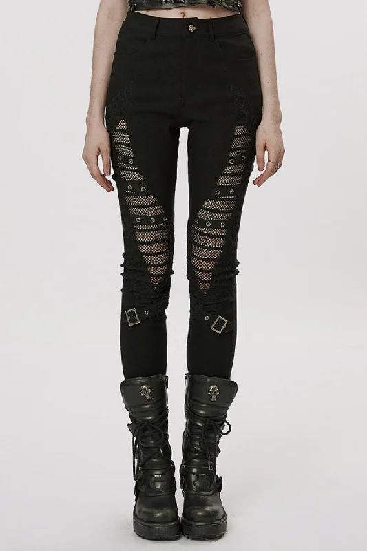 Black Hollow Japanese Buckles Stitching Mesh Women's Gothic Leggings Stylish Side-Stripe Leggings