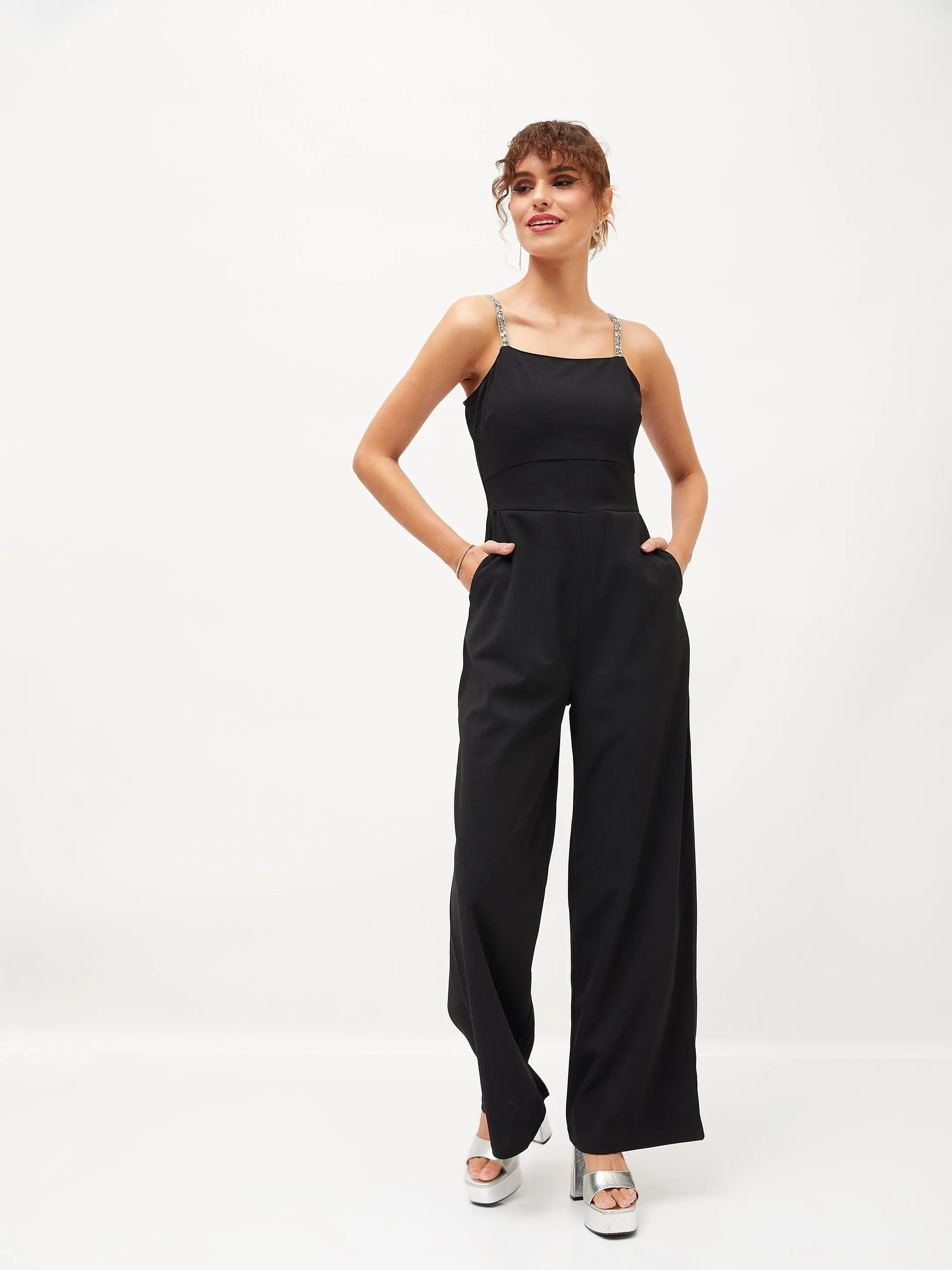 Women Embellished Standard Black Jumpsuits & Sets Black satin jumpsuit, Elegant, Nightwear, Glamorous