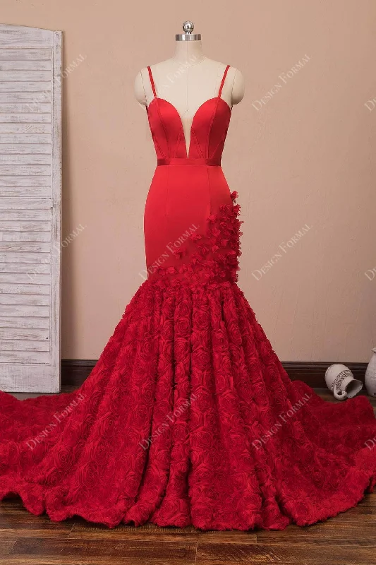 Red Satin 3D Rosettes Spaghetti Straps Dramatic Mermaid Prom Dress Tunics stripes playful