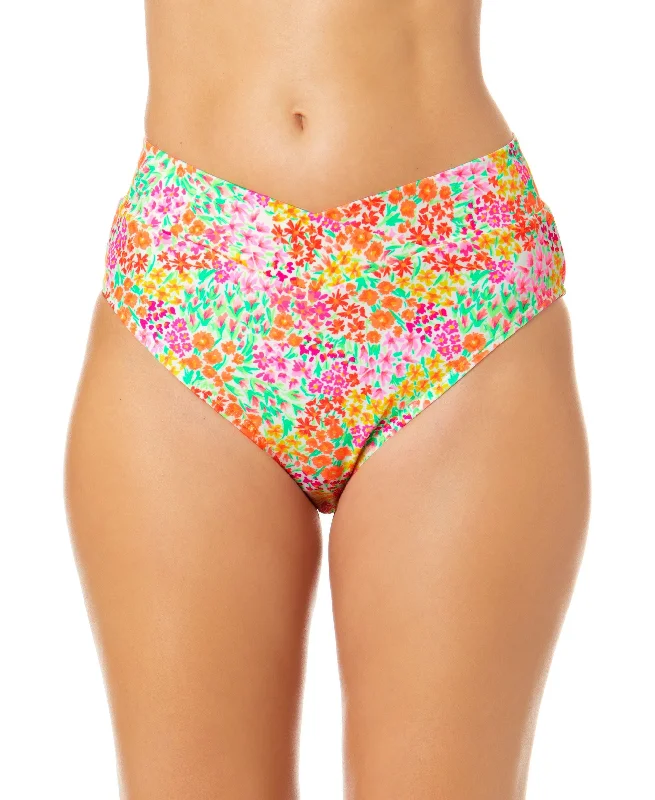 Juniors' Sun Garden-Print V-Front High-Waist Bikini Bottoms Bikini with button detail, Trendy, Chic, Sexy