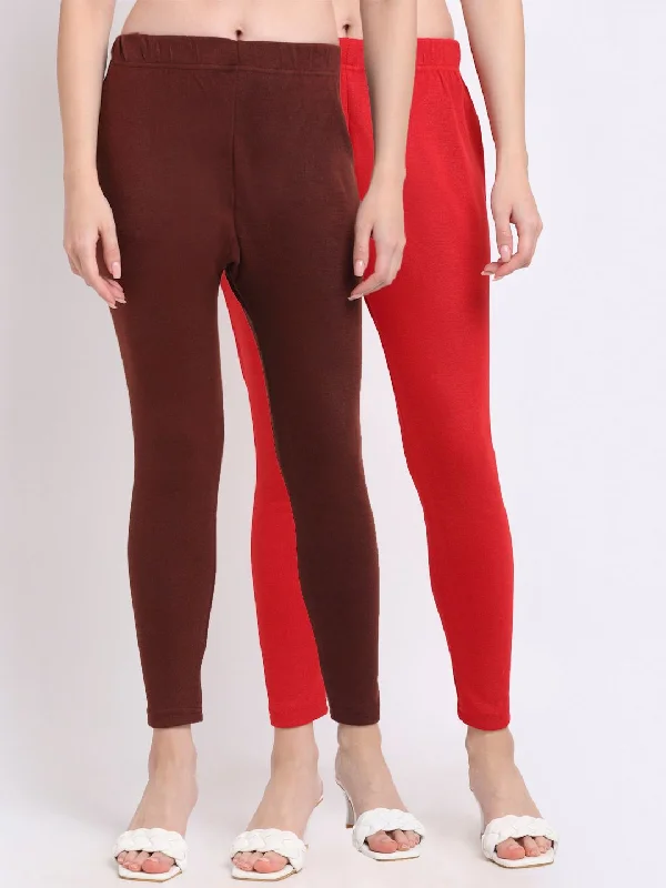 TAG 7 Women Pack Of 2 Red & Burgundy Solid Woolen Ankle Length Leggings Stylish Pockets Active Leggings