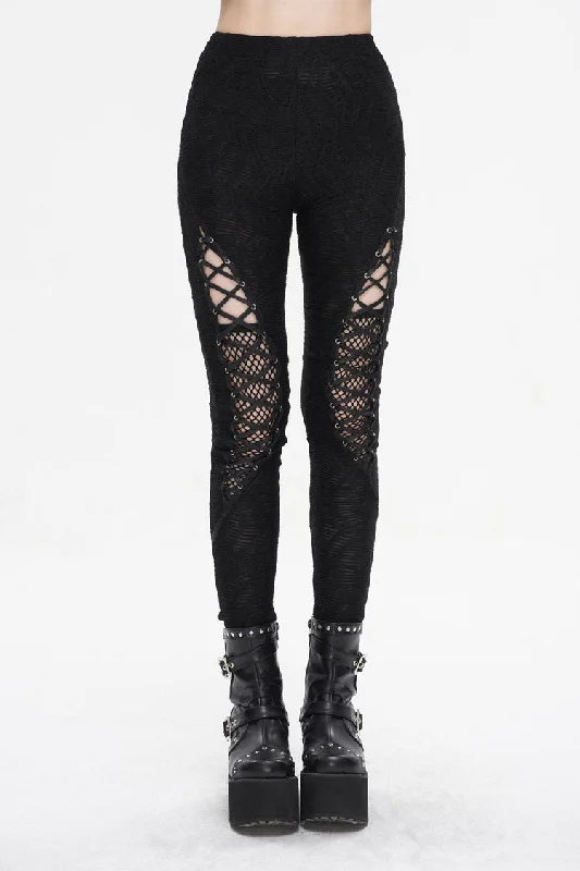 Black Strappy Mesh Splice Ruched Women's Punk Leggings Trendy Full-Length Leggings