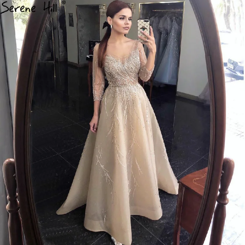 Serene Hill Gold Luxury A-Line Evening Dresses Gowns 2024 Beading Sparkle Sexy For Women Party  LA70823 Tunics Lace romantic