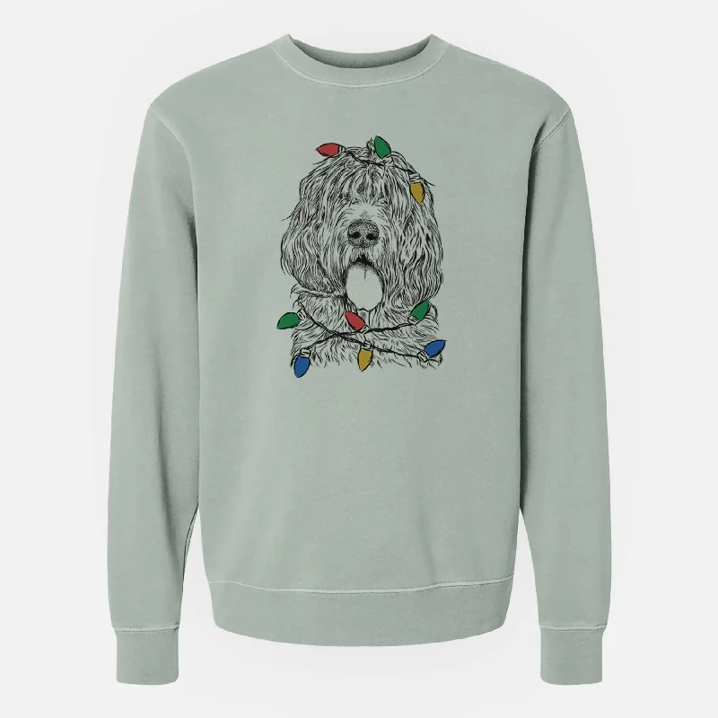 Christmas Lights Lou the Otterhound - Unisex Pigment Dyed Crew Sweatshirt Hoodie with Distressed Vintage Worn