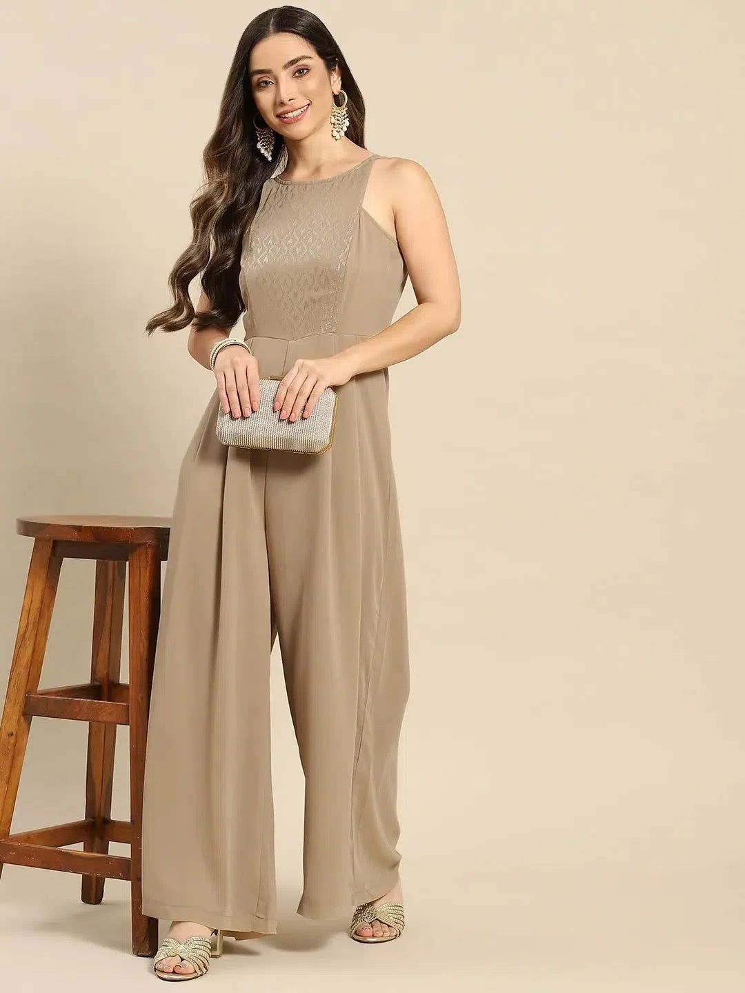 In cut pleated jumpsuit in Beige Backless jumpsuit, Sexy, Night out, Trendy