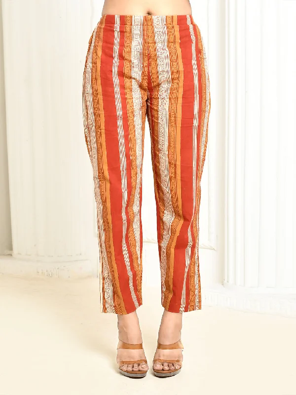 Amora Red Pure Cotton Handprinted Pant Only High-Waist Trousers