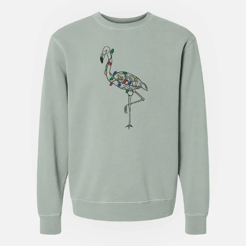 Christmas Lights Mango the Flamingo - Unisex Pigment Dyed Crew Sweatshirt Hoodie with Ribbed Hem Stretchable Secure