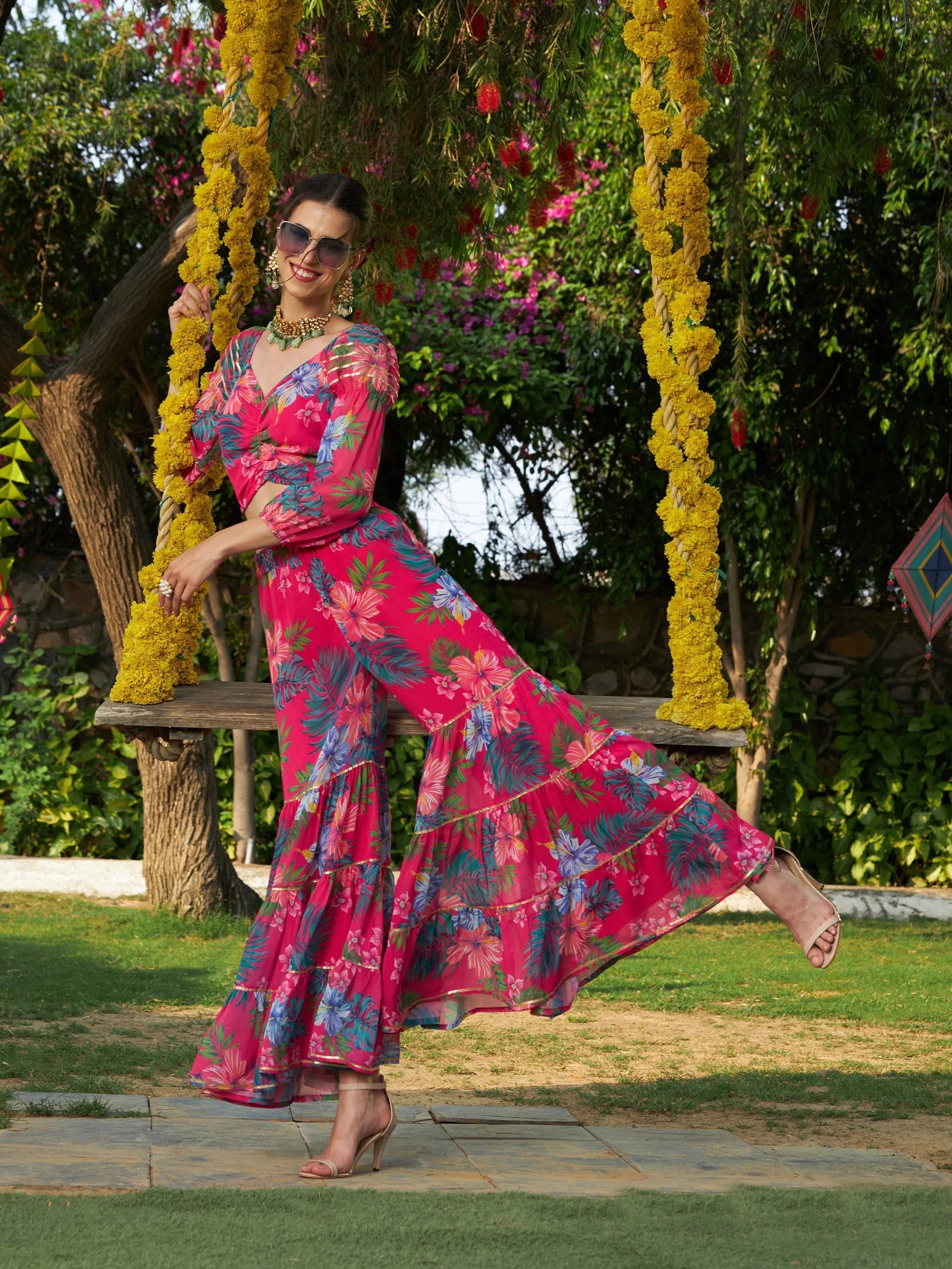 Women Printed Standard Pink Jumpsuits & Sets Lace jumpsuit, Elegant, Sheer fabric, Formal wear