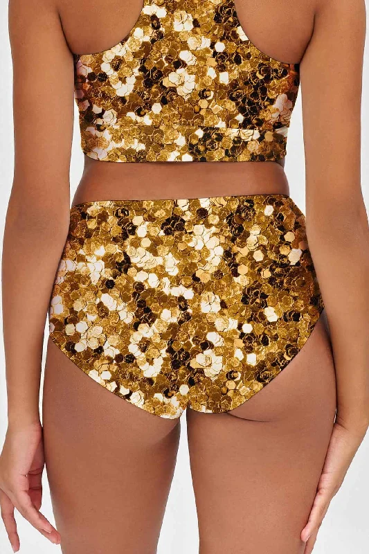 Haute Gold Cara Glitter High-Waist Hipster Bikini Bottom - Women Solid color bikini, Sleek, Minimalist, Comfortable