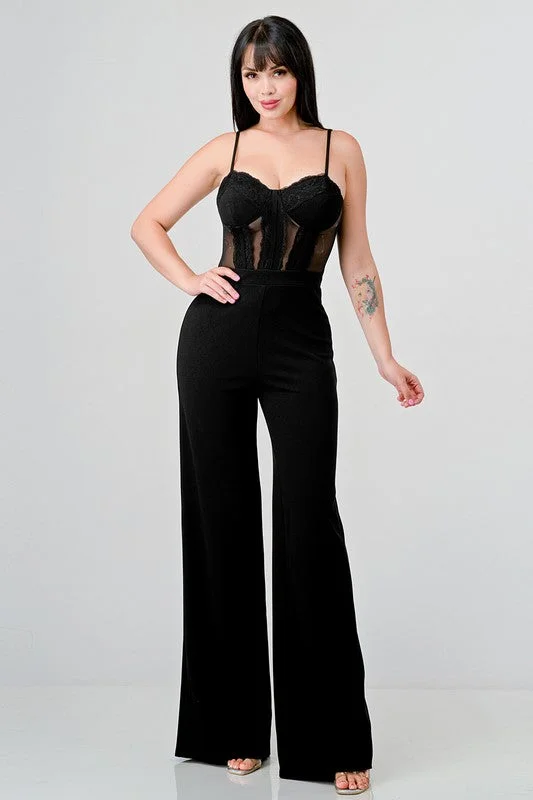 Mesh Lace Contrast Wide Leg Jumpsuit Long sleeve black jumpsuit, Formal wear, Sleek, Elegant