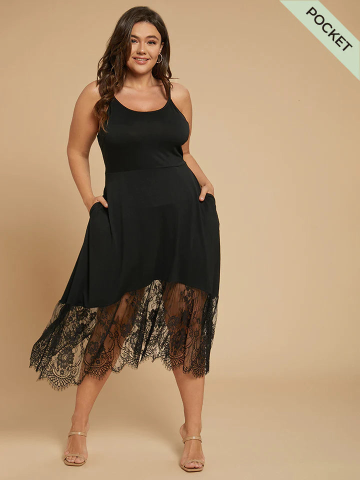 BLOOMCHIC CAMI DRESS WITH POCKETS AND CONTRAST LACE BOTTOM HEM Tunics Versatile all-occasion