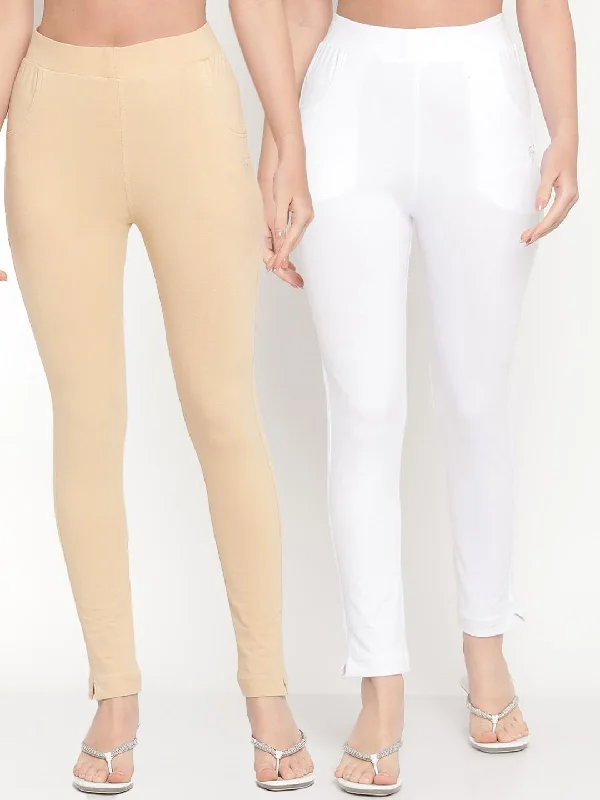 TAG 7 Set Of 2 Beige & White Solid Leggings Comfortable Running Leggings