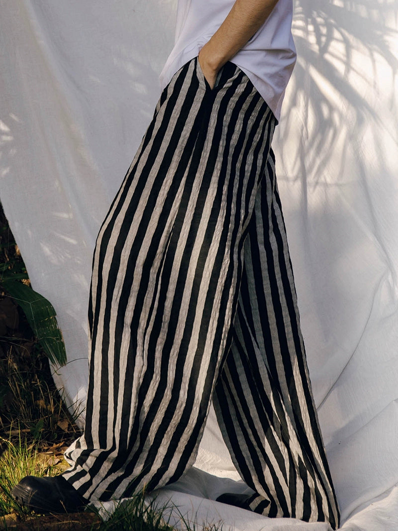 Qing Nian 青年 Youth Modernized Tang Dynasty Unisex Linen Striped Pants Cozy Full-Length Pants