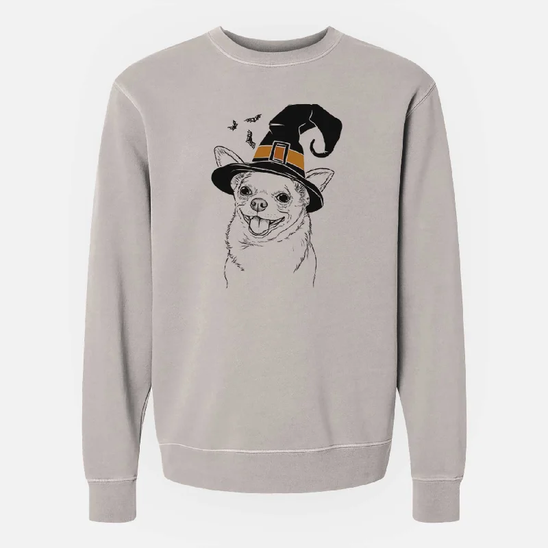 Witch Maddison Pearl the Chihuahua - Unisex Pigment Dyed Crew Sweatshirt Hoodie with Button Placket Classic Preppy