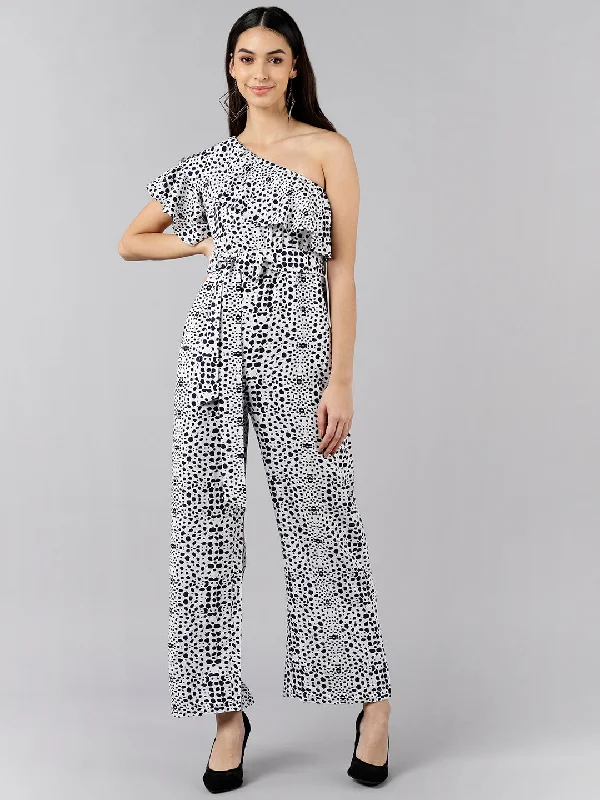 Women's White Polyester Printed Jumpsuit - Ahika Denim romper jumpsuit, Casual, Comfortable, Trendy