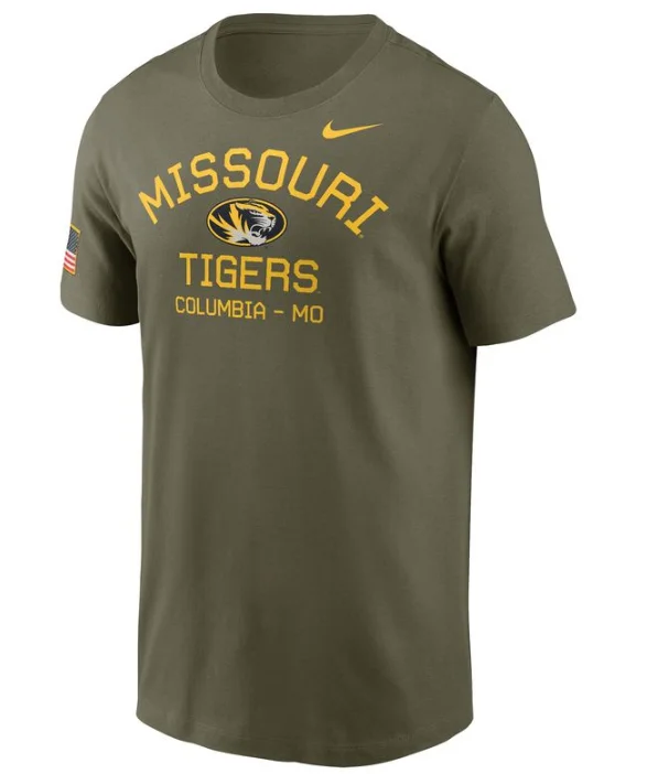 Mizzou Tigers Nike® 2024 Columbia Missouri Military Appreciation Oval Tiger Head Flag Green T-Shirt-- Houndstooth Herringbone Solid