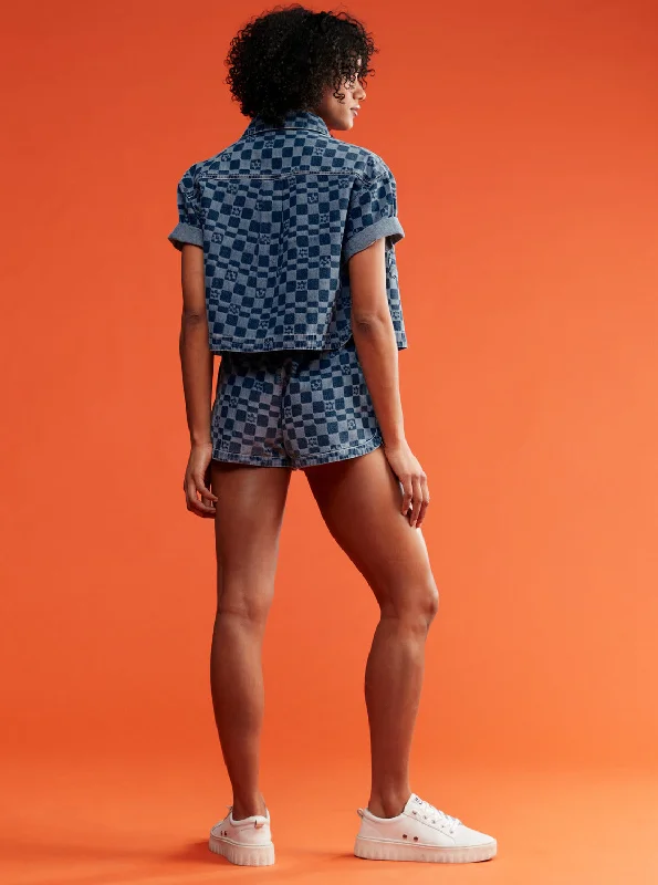 Blue Wave Club Printed Short Sleeve Crop Denim Shirt - Mood Indigo Sol Power-- Solid Print Embellished