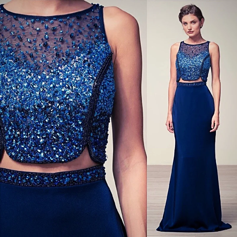 Embellished Mock 2 piece Navy Evening gown Prom Dress pageant party Halter Neckline Beach