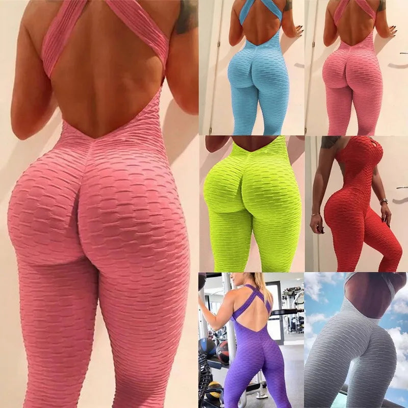 Sexy Backless Jumpsuits Women Solid Fitness Push Up Yoga Suits Elastic Seamless Jacquard Bubble Gym Sportswear Workout Clothes Leather jumpsuit, Trendy, Chic, Street style