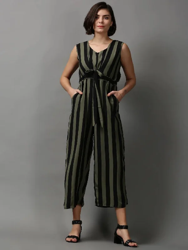 Women's Green Striped Jumpsuit-AE-15647-Olive Casual chic jumpsuit, Trendy, Comfortable, Relaxed