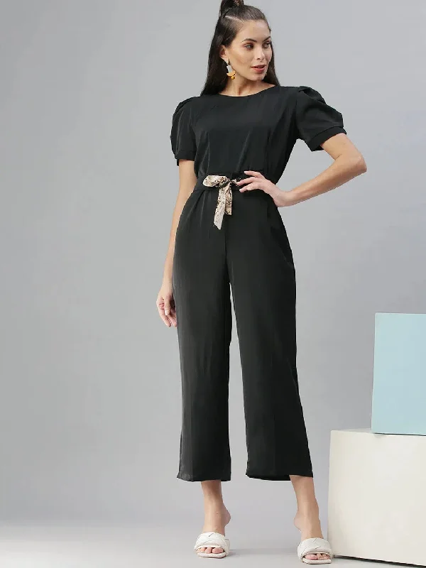 Women's Black Solid Jumpsuit-KG-5544-Black Pleated back jumpsuit, Elegant, Chic, Feminine