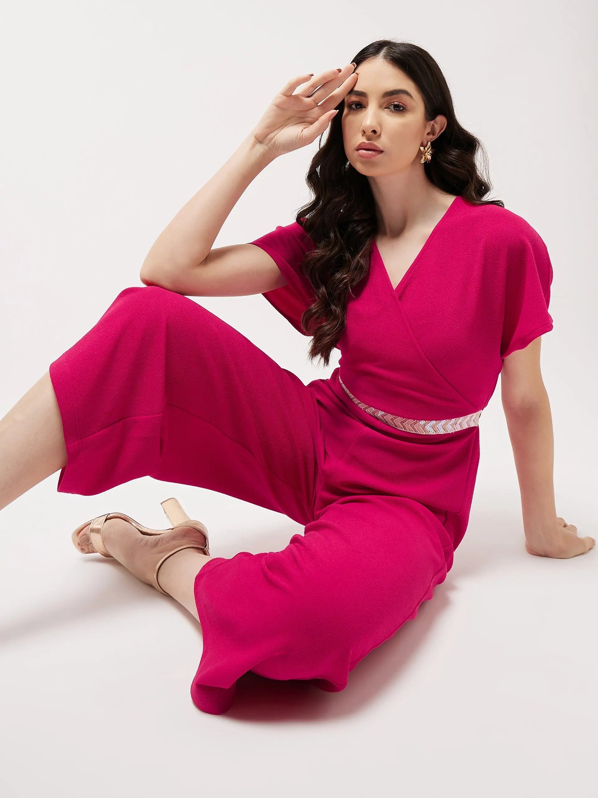 Solid Overlap Jumpsuit Ruffle sleeve jumpsuit, Feminine, Elegant, Stylish