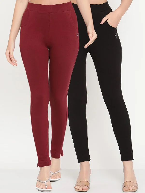 TAG 7 Set Of 2 Maroon & Black Solid Leggings Stylish Stretch Pants Leggings