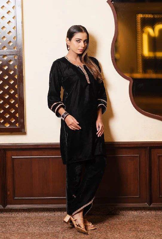 Black Velvet Dhoti Pant Set With Golden Borders Casual Yoga Pants